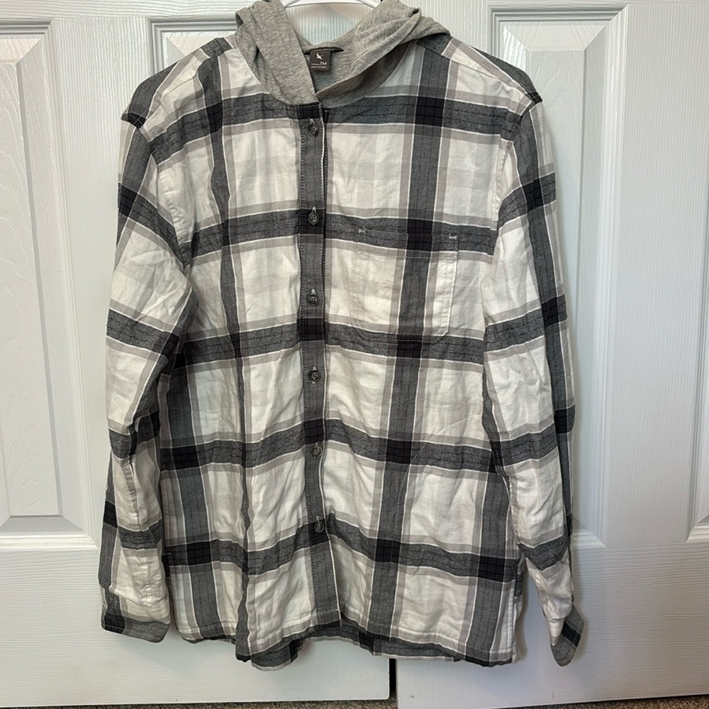 Eddie Bauer Grey Hooded Flannel Medium Tall